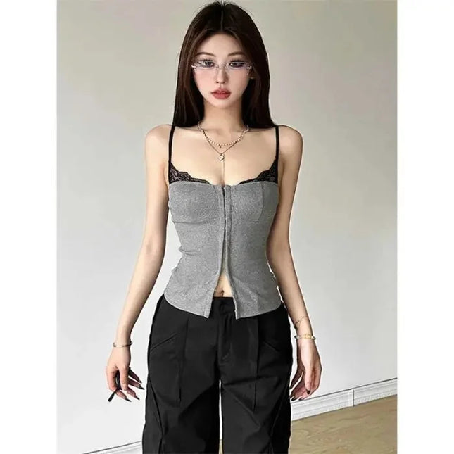 Gray Splice American Design Sensation Women's Slim Fit Tank Top Inner Wear Autumn Winter New Style Fashionable Small Audience To
