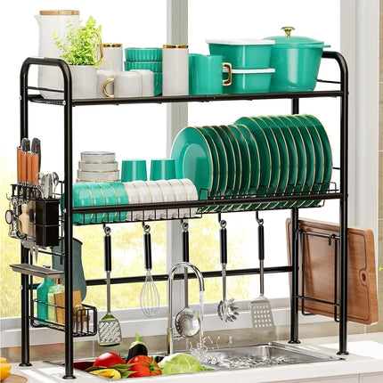 85cm Over Sink Dish Drying Rack, Large Capacity Metal Kitchen Organizer with Utensil Holder & Hooks, Space Saving For Countertop
