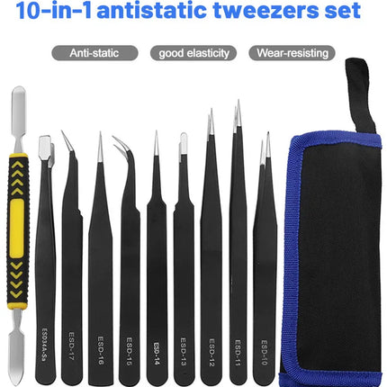 10Pc ESD Tweezer Set 1.5mm thick Anti-static Stainless Steel Non Magnetic Tips for Electronics Repair Soldering Crafting Jewelry