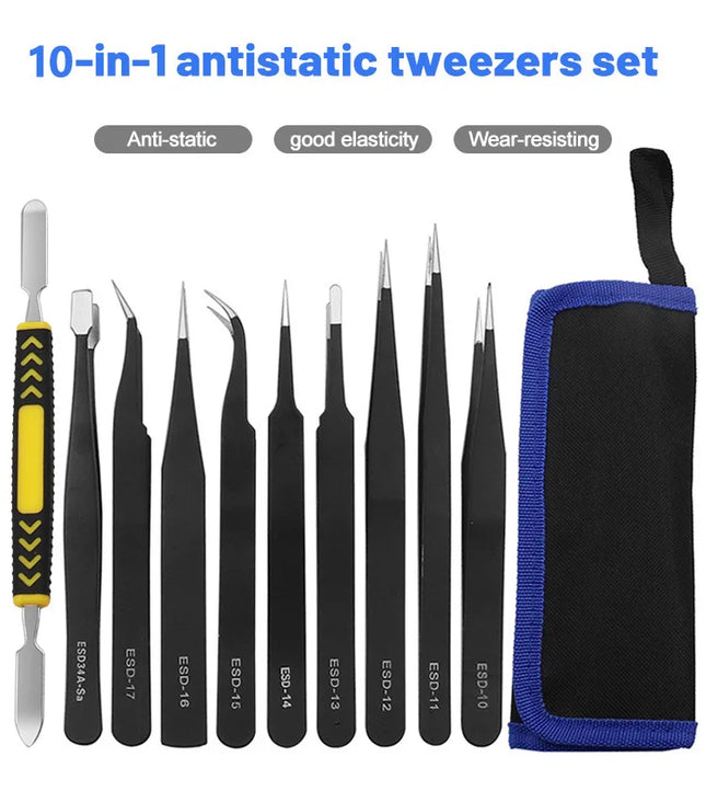 10Pc ESD Tweezer Set 1.5mm thick Anti-static Stainless Steel Non Magnetic Tips for Electronics Repair Soldering Crafting Jewelry