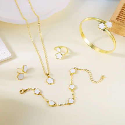 5pcs/set Lucky Five Leaf Flower Necklace Bracelet Earrings Ring Set for Women Colorful Enamel Plum Blossom Jewelry Party Gifts