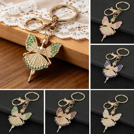 Cute Ballerina Keychain Diamond Encrusted Ballet Girl Keychain Rhinestone Ballerina Pendant with Rotating Lobster Clasp