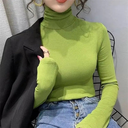 2025 Fashion Autumn Winter Female Turtleneck Fleece Stretch Shirt Women Long Sleeve T-shirt Warm Basic Pullover Bottoming Tops