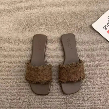 Vintage Summer Open Toe Weave Women Flats Slippers Shoes Concise Outdoor Beach Vacation Ladies Dress Slides