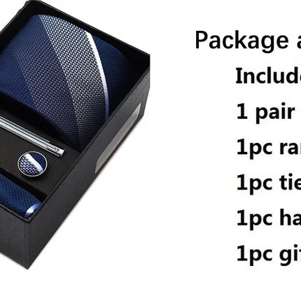 Classic 100% Silk Men's Ties In Gift box 8cm Plaid Dot Striped Business Necktie Handkerchief Cufflinks Wedding Party Tie Set