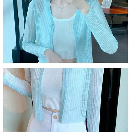 Slim Fit Knitted Long Sleeve Short Cardigan Women's Summer New Style Korean Version Thin Outerwear Pure Color Sun Protection Shi