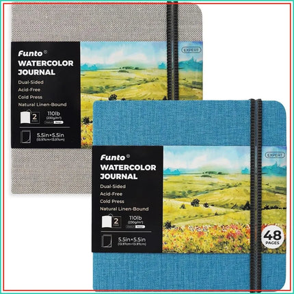 Watercolor Journal 2-Pack, 5.5x5.5 Square, 48 Pages Each, 230gsm, Gray & Blue Cover