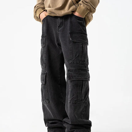 Men's new multi pocket workwear design jeans retro washed Japanese and Korean casual pants loose pants soft and cool