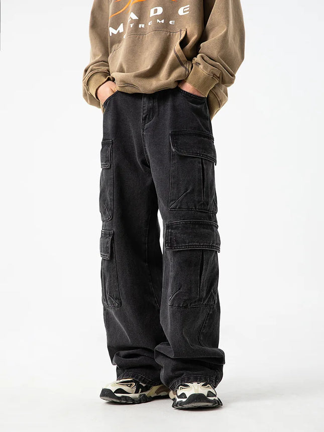 Men's new multi pocket workwear design jeans retro washed Japanese and Korean casual pants loose pants soft and cool