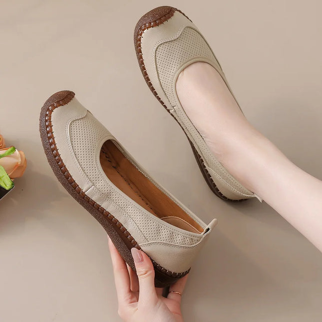 New Real Leather Perforated Ballet Flats Women's Massage Insole Slip On Moccasins Woman Hollow Loafer Casual Daily Shopping Shoe