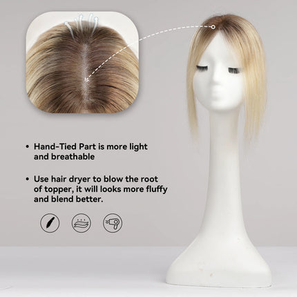 Blonde Ombre 100% Remy Human Hair Toppers Clips In Hair Lace Base Topper Hairpieces for Women Hair Extensions 12 Inch Straight
