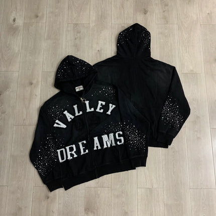 Streetwear Shinning Diamond Zipper Terry Hooded Hoodie for Men Oversized Graffiti Flame Cardigan Rhinestone Sweatshirt Jacket