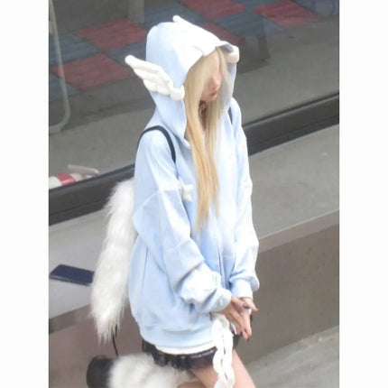 Japanese dopamine style cute star angel wing women's top autumn and winter loose hooded women's hoodie sweet style