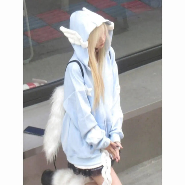 Japanese dopamine style cute star angel wing women's top autumn and winter loose hooded women's hoodie sweet style