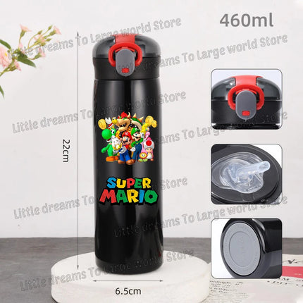 Super Marios Bros 460ml Thermal Cup Men Women Anime Black Straw Bottle Bouncing Lid Portable 304 Stainless Steel Thermo Bottles
