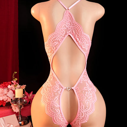 Sexy Lingerie For Women Erotic Bodysuit Crotchless Hollow Lace Bow Underwear Babydoll Transparent Outfit Wedding Honeymoon Dress
