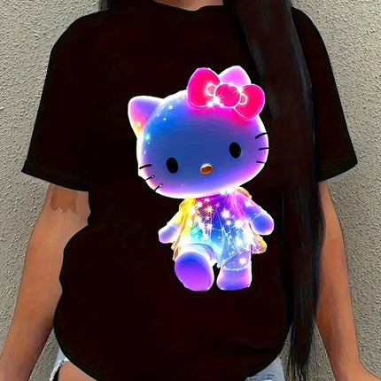 Sanrio Hello Kitty Neon Glow Graphic T-Shirt for Teens Summer Casual Short-Sleeved T-Shirt Fun Cartoon Print Round Neck Top