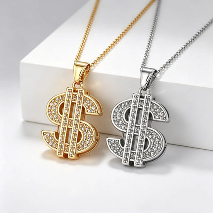 Bling Stainless Steel Dollar Sign Pendant Necklace for Women Men Punk Crystal Charms Chain Money Symbol Jewelry Accessories Gift