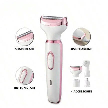4-in-1 Rechargeable Electric Lady Shaver Set - 500mAh Portable Wet/Dry Trimmer for Face, Nose, Legs & Underarms