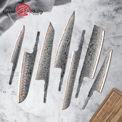 Grandsharp Damascus Blades 1-7PCS Kit 55 Layers Copper Damascus Steel No Handle DIY Knife Making Forging Blades Custom Tool