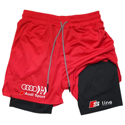 Audi Logo Men's Sports Shorts Double-Layer Quick-Drying Breathable Casual Sportswear for Running M-3XL