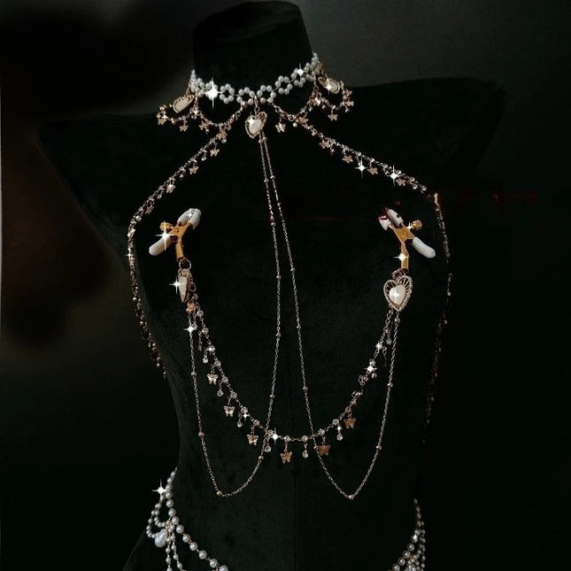 Pearl Heart-Shaped Nipple Clip Body Chain Collar Rhinestone Butterfly Pendant Chest Restraints Sexy Accessories for Women Sextoy