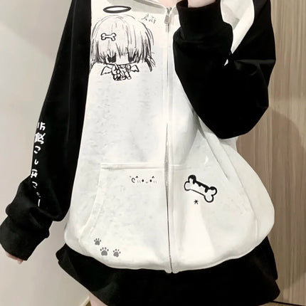Japanese Contrast Color Hooded Tops Women Y2k Aesthetic Cartoon Print Grunge Hoodie Casual Zip Up Sweatshirt Harajuku Streetwear