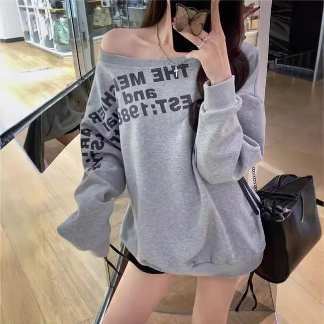 Sexy Oversize T-shirt Women Streetwear Letter Print Skew Collar Off Shoulder Long Sleeve Basic Top Korean Fashion Loose T-shirt
