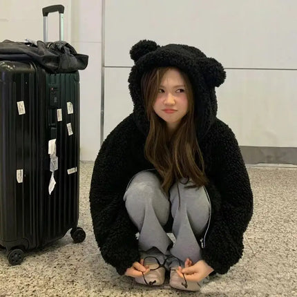 2025 New Cute Girl Little Bear Ears Imitation lamb Wool Zipper Hooded Coat Collection Casual Fashion Versatile Trends Lazy Wind