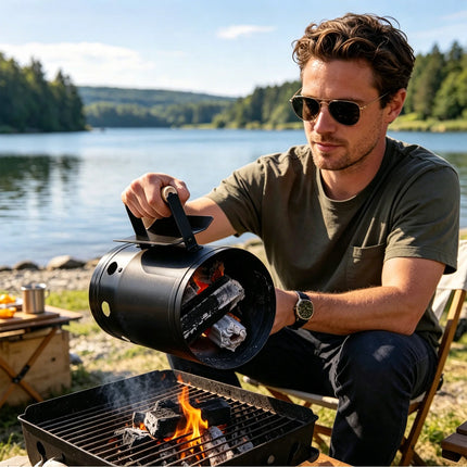 Charcoal Chimney Starter Fire Starter Tool with Wooden Handle for Easy and Efficient Charcoal Ignition Suitable for Grilling
