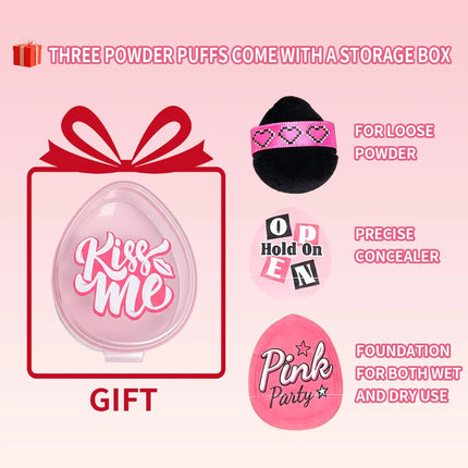 MINIISO Pink Party Series Thumb Powder Puff 3-Pack Combo - Comes with Storage Box for Portable and Easy Storage