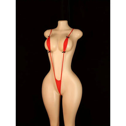 Adjustable Strappy Teddy Bodysuit for Women Black Lingerie with Red Accents Backless Design Semi-Sheer Sexy Adult Apparel