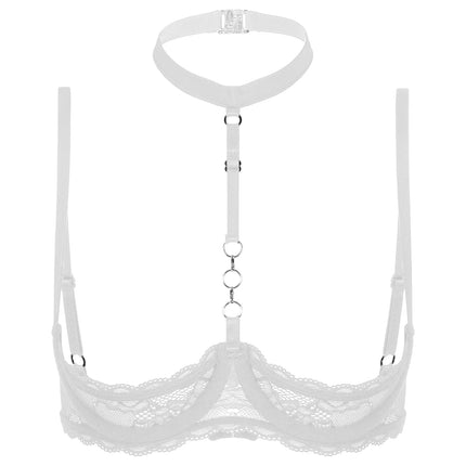 Womens 1/4 Cups Underwire Hollow Out Open Cup Nipples Bra Halter O Ring Exposed Lace Push Up Brassiere Lingerie Bra Underwear