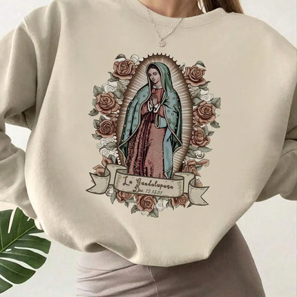 Women's Sweatshirts Women's Floral Virgin Mary Print Round Neck Autumn Sweatshirt Hoodie Vintage Essential Women Sweatshirt 2024