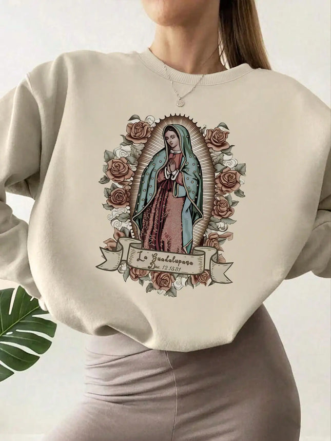 Women's Sweatshirts Women's Floral Virgin Mary Print Round Neck Autumn Sweatshirt Hoodie Vintage Essential Women Sweatshirt 2024