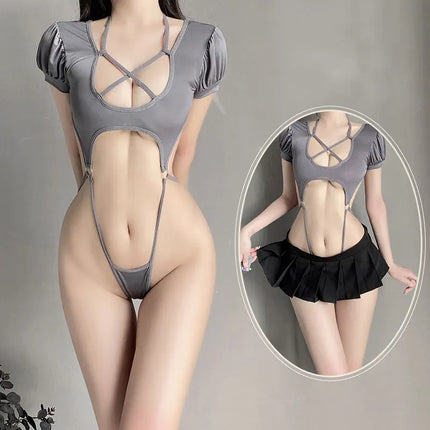 Erotic Babydoll Lace Open Bra Suspender Bods Bondage Sex Bodysuit Backless One-piece Nightie Woman Porno Uniform Sexy Lingeries