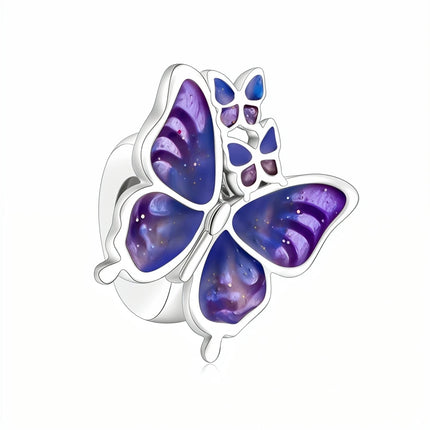 925 Sterling Silver Inlaid Heart-Shaped Beads & Rose Dangle Charm Fits Snake Bracelet Boutique Necklace Purple Pendant Gift
