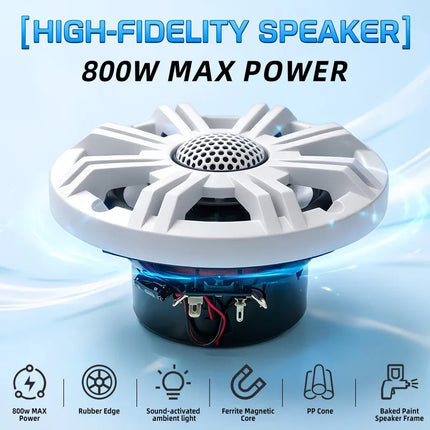 1pcs 6.5 Inch Boat Speaker 800W With LED Lights Coaxial Speakers Waterproof IP66 Audio Speaker For Yachts Motorboat Golf Cart RV
