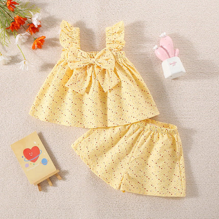 Two Piece Set Baby Girl Suit Summer Bowknot Full Printed Love Girls Beach Set Cute Top Shorts Girls Two Piece Set