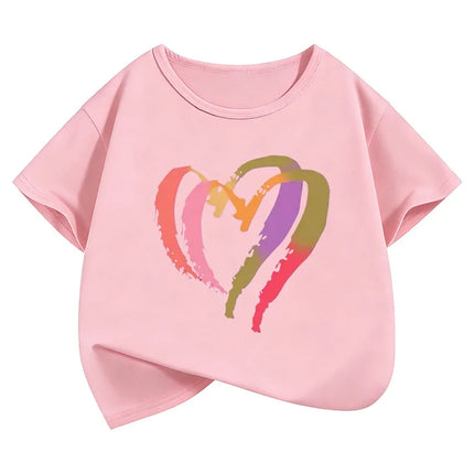 Colorful Love Heart Fashion Crew Neck Short Sleeve T Shirts Kids Children's T-shirt Boys Girls Summer Spring Casual Top Tee