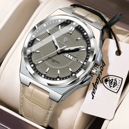 POEDAGAR Trendy Sport Men's Wristwatch Waterproof Luminous Date Week Business Fashion Men's Quartz Watches Leather Men's Watch Reloj