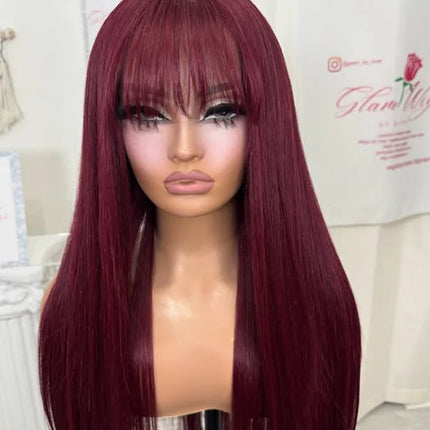 99J Burgundy Red Bone Straight Lace Front Wig With Bangs 13x4 HD Pre Plucked Glueless Synthetic pelucas On Clearance Sale