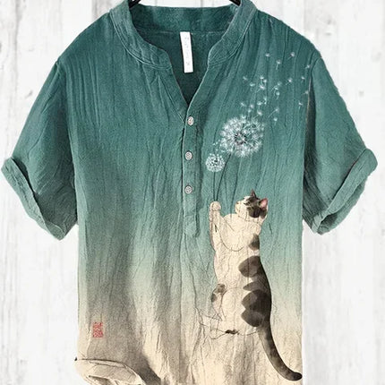 Men's Summer V-neck Art Print Men's Short Sleeve T-shirt 2024 Summer Fashion Urban T-shirt Men's V-neck Henry Shirt