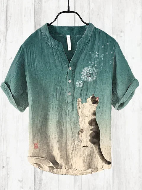 Men's Summer V-neck Art Print Men's Short Sleeve T-shirt 2024 Summer Fashion Urban T-shirt Men's V-neck Henry Shirt