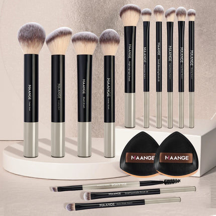 MAANGE 13pcs Premium Synthetic Hairs Makeup Brushes Soft Gentle for Foundation Eyeshadow Powder with 2pcs Air Cushion Puffs Kit