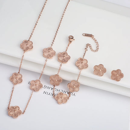 Simple 316L Stainless Steel Flower Five Leaf Necklace Bracelet Earrings 18K Gold Plated Jewelry Set For Women Girl Gift Clover