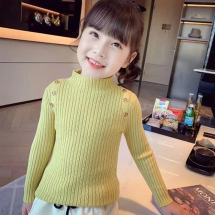 Girls Sweater Winter Decorative Buttons High Neck Solid Color Bottom Shirt Multicolour Children High Elasticity Knit Pullover