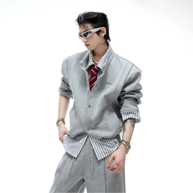 American Sle Slim Fit Striped irt Fake Two-Piece Patchwork Sweatirt Set Turn-down Collar Simple Thin Casual Jaet