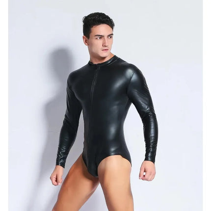 Black Long Sleeve Shiny PU Leather Bodysuit Zipper Hot Shapers Men Body Tops Shirts Gothic Tights Clubwear Tshirt Leotard