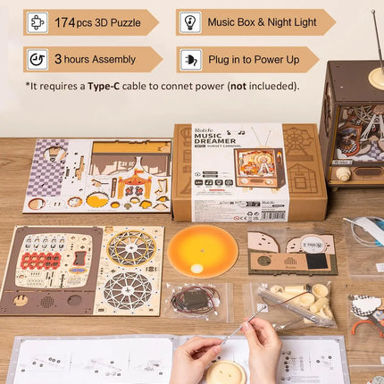Robotime Rolife Sunset Carnival Music Boxes with Lights Ferris Wheel Home Decoration Luxu Design 3D Wooden Puzzle Toys for Child